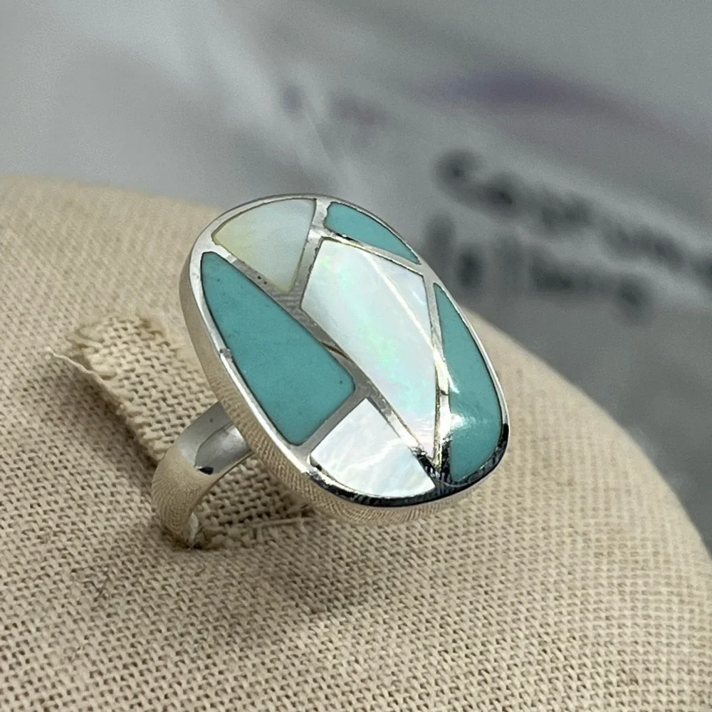 Vintage Thai 925 Sterling Silver Natural Turquoise MOP Inlay Ring Size 6 - Picture 7 of 16